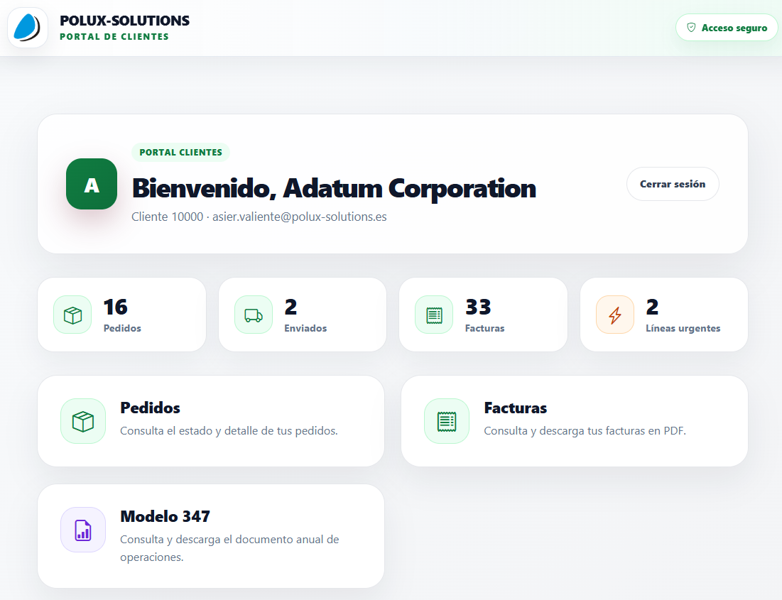 Página de inicio del Portal de Clientes con accesos a pedidos, facturas y Modelo 347