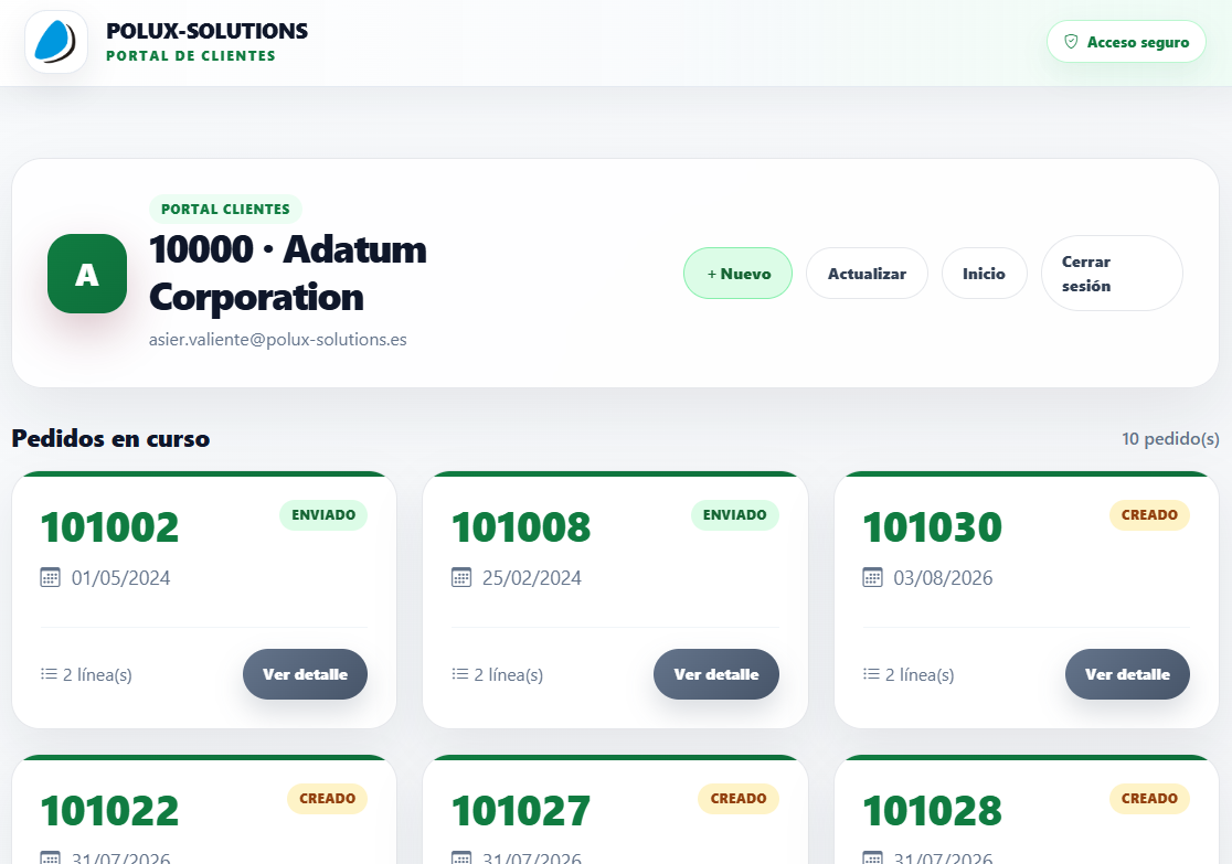 Listado de pedidos del Portal de Clientes con estados y acceso al detalle